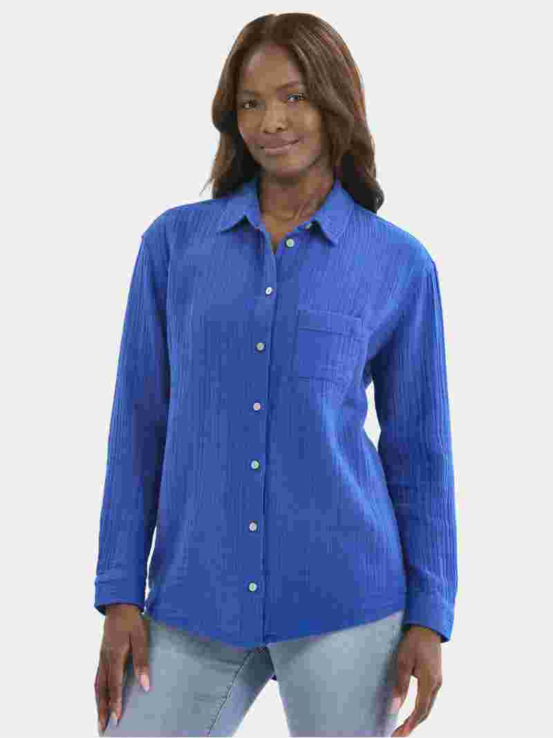 Time and Tru Women's Double Cloth Cotton Shirt with Long Sleeves, Sizes XS-XXXL | Walmart (US)
