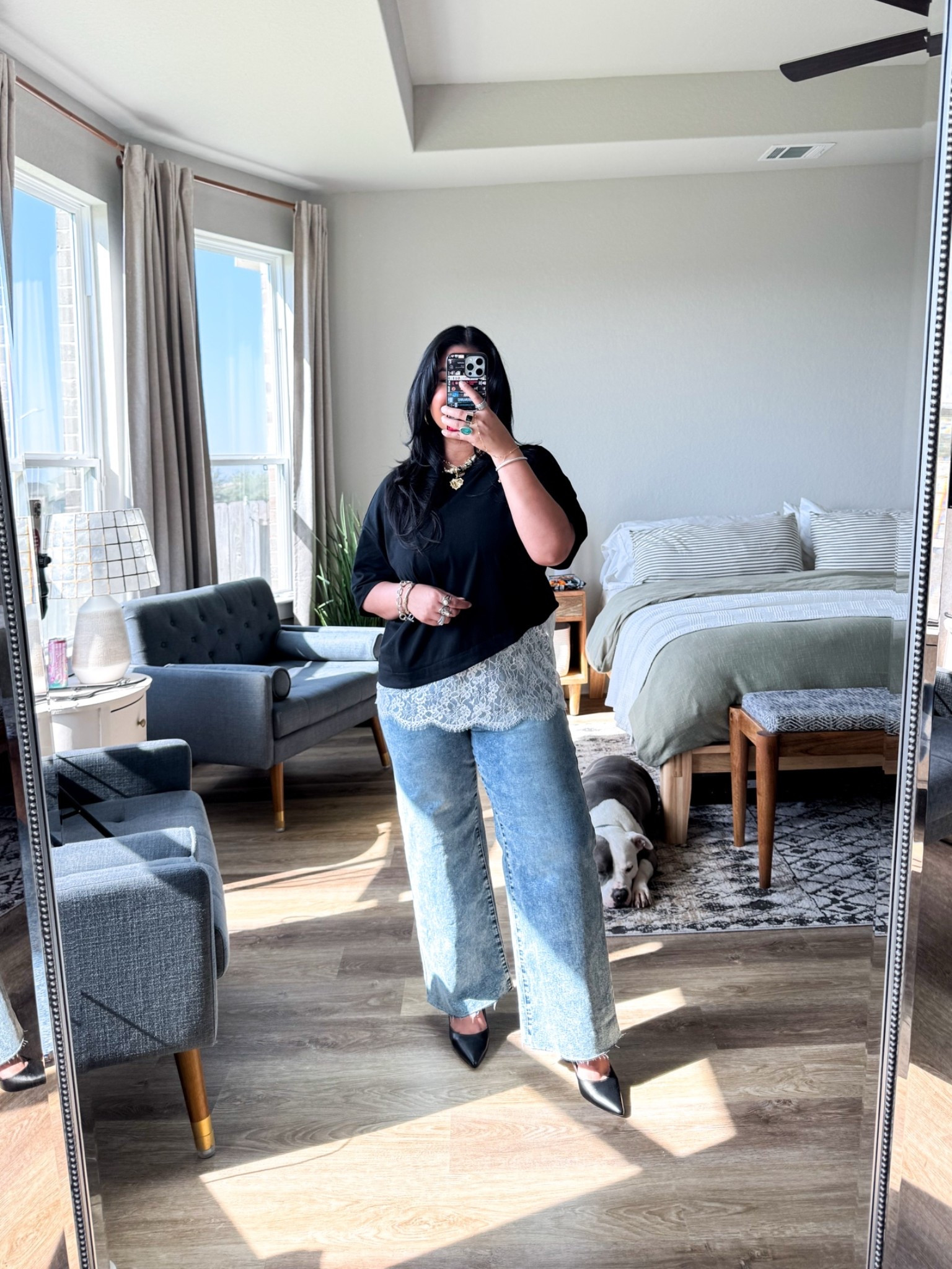 I’m 5’1” size 12 large // wearing a 12 in the jeans and a L in the top. The top is a tshirt material but has lace detail at the bottom! Very comfy and cute.

#LTKPetite #LTKMidsize #LTKOver40