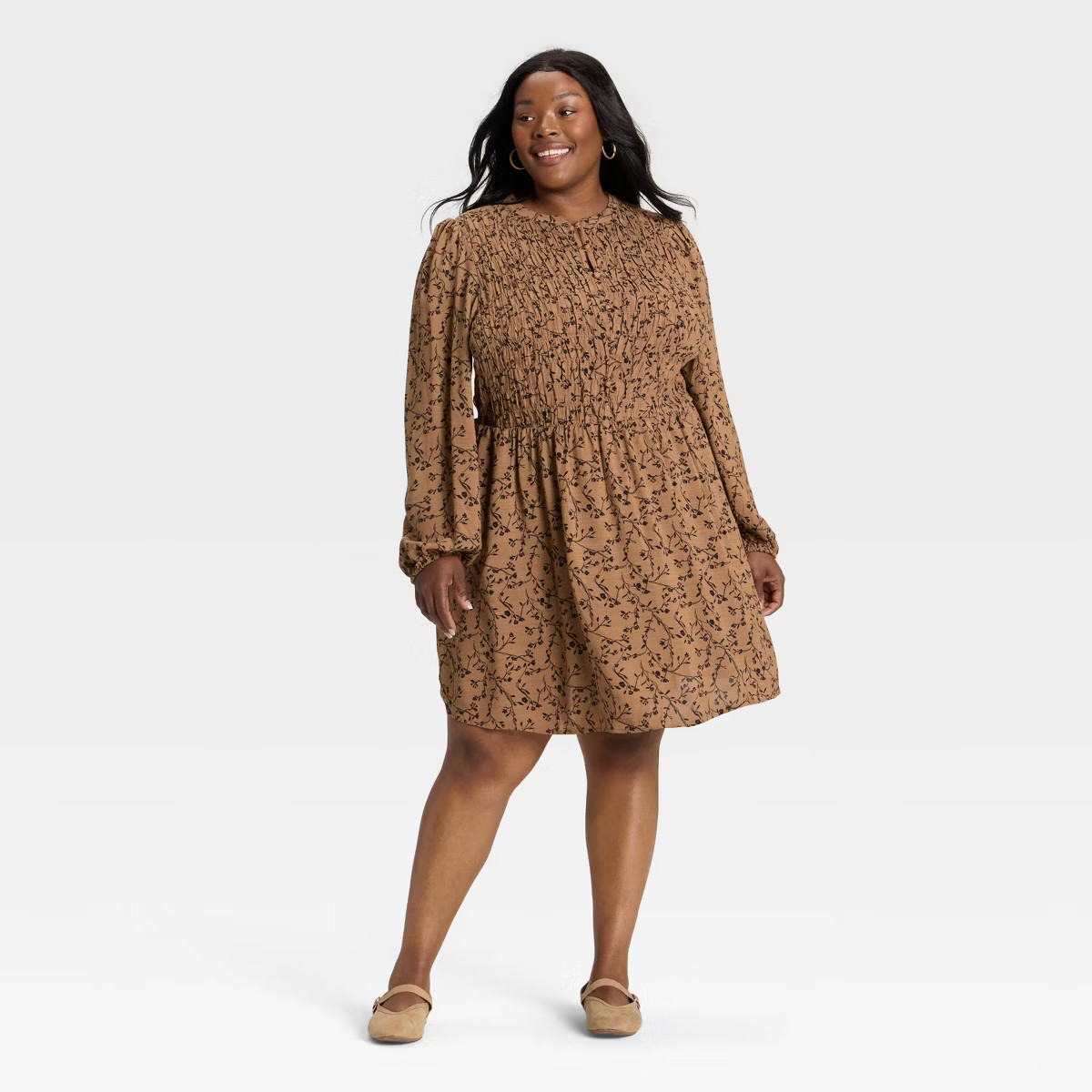 Women's Bishop Long Sleeve Button-Up Smocked Mini Dress - Ava & Viv™ Tan Floral 1X | Target