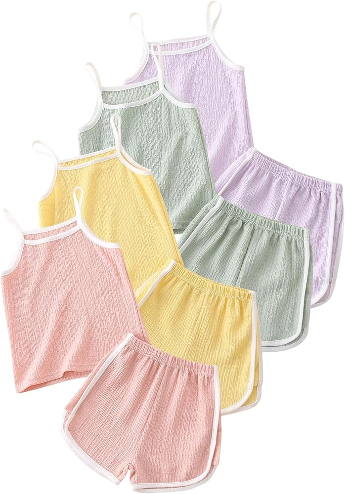 Girls Summer Clothes 4 Piece Cute Outfits Cami Tank Top and Dolphin Shorts Sets for Kid Casual, D... | Amazon (US)