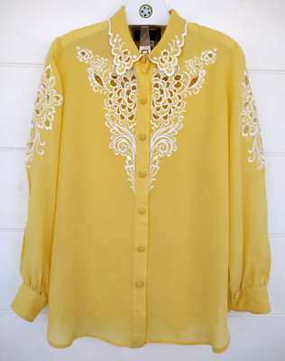 Vtg Bob Mackie Wearable Art 100% Silk Button Up Blouse Yellow Sz M Embroidered   | eBay | eBay US