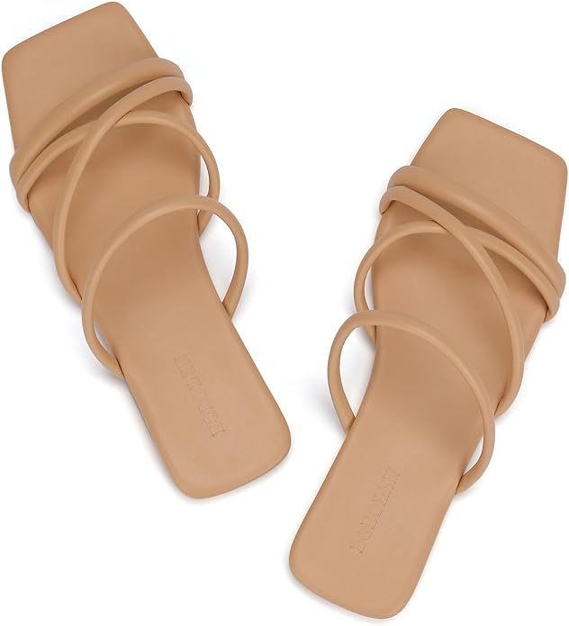 DOBOLIN Women's Wide Width Strappy Flat Sandals Dressy Squared Open Toe Slide Sandals Comfortable... | Amazon (US)