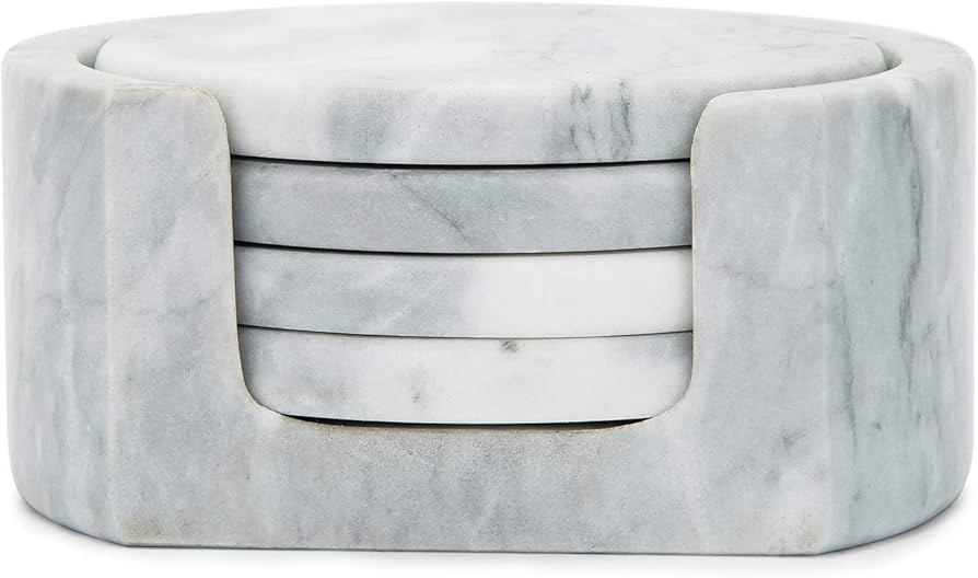 Fox Run Natural Polished Marble Coasters, Set of 4 White Coasters With Holder | Amazon (US)