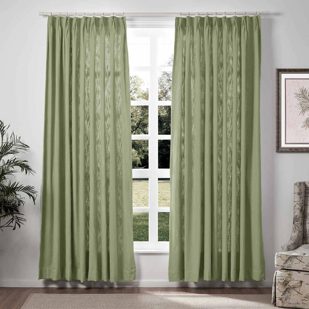 Jade Olive Green Lily Linen Curtains & Drapes Pleated  | NeutralCurtains