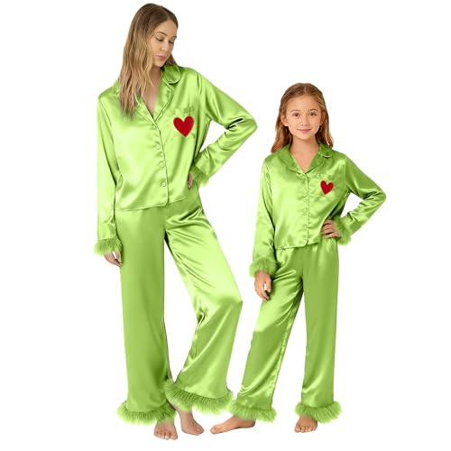 Seyurigaoka Mommy and Me Christmas Pajamas Set 2 Piece Satin Silk Feather Trim Xmas Matching Pjs ... | Amazon (US)