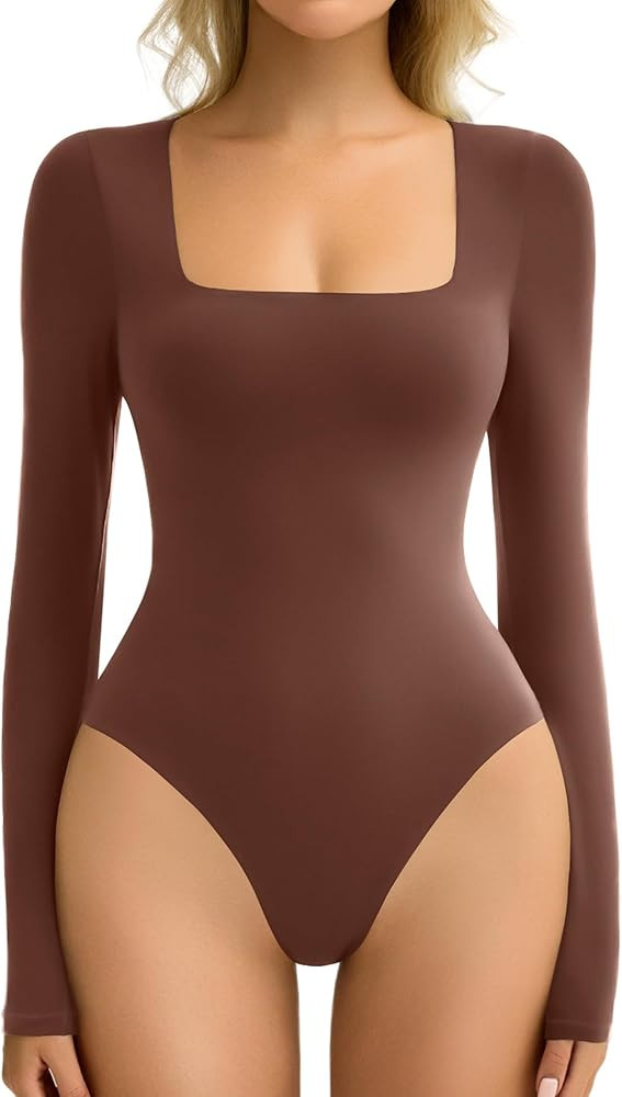 Avidlove Women's Long Sleeve Bodysuit Double Lined Square Neck Body Suit Tops Snap Closure Soft | Amazon (US)