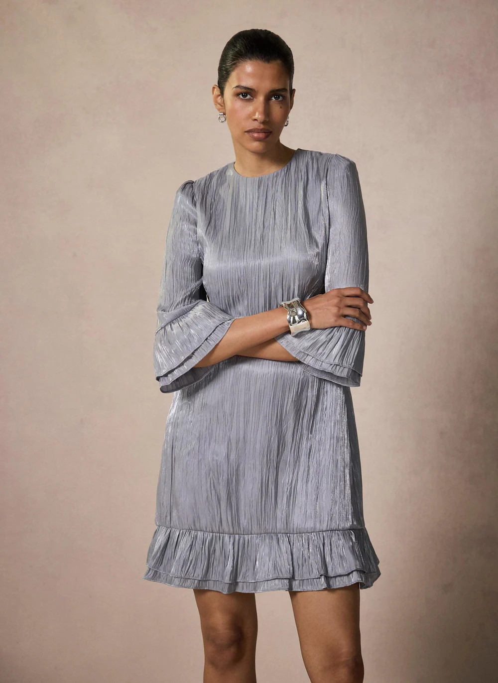 Silver Metallic Ruffle Mini Dress | Mint Velvet
