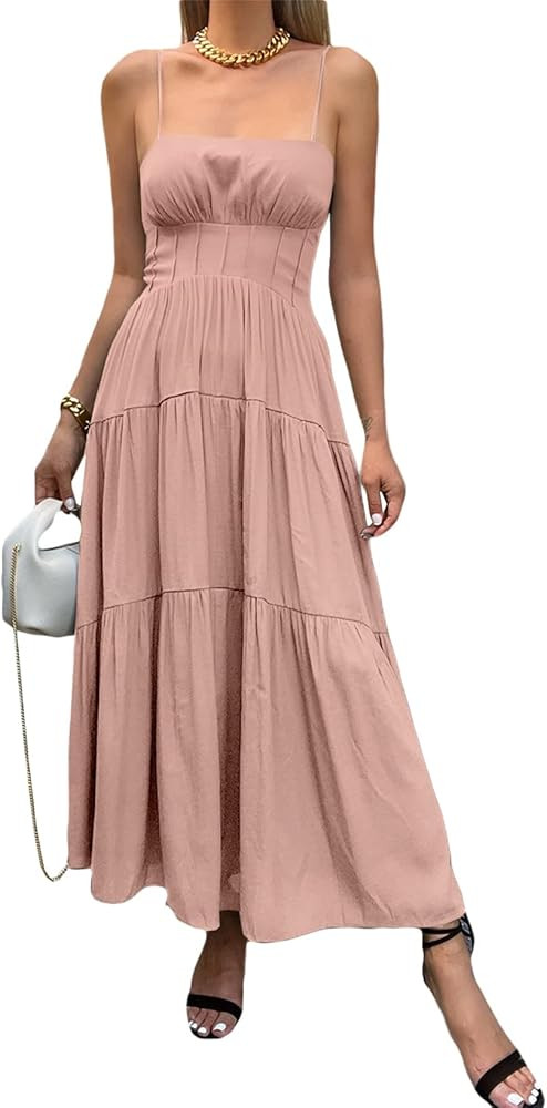 AlvaQ Women Summer Spaghetti Strap Smocked Maxi Dress Sleeveless High Waist Casual A Line Ruffle ... | Amazon (US)