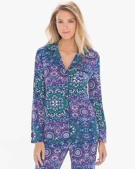 Cool Nights Long Sleeve Grosgrain Trim Notch Collar Pajama Top Cozy Snowflake Sapphire | Soma Intimates