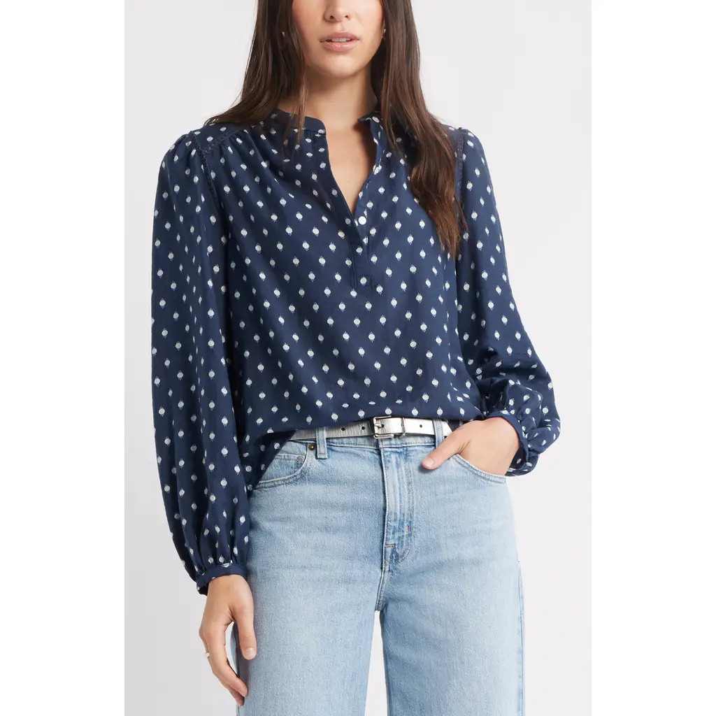 Caslon® Embroidered Inset Top in Navy- Ivory Mock Dot at Nordstrom Rack, Size Medium | Nordstrom Rack