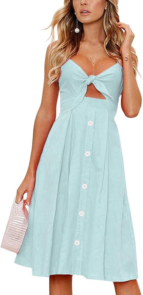 ECOWISH Women Dresses Summer Tie Front V-Neck Spaghetti Strap Button Down A-Line Backless Swing M... | Amazon (US)