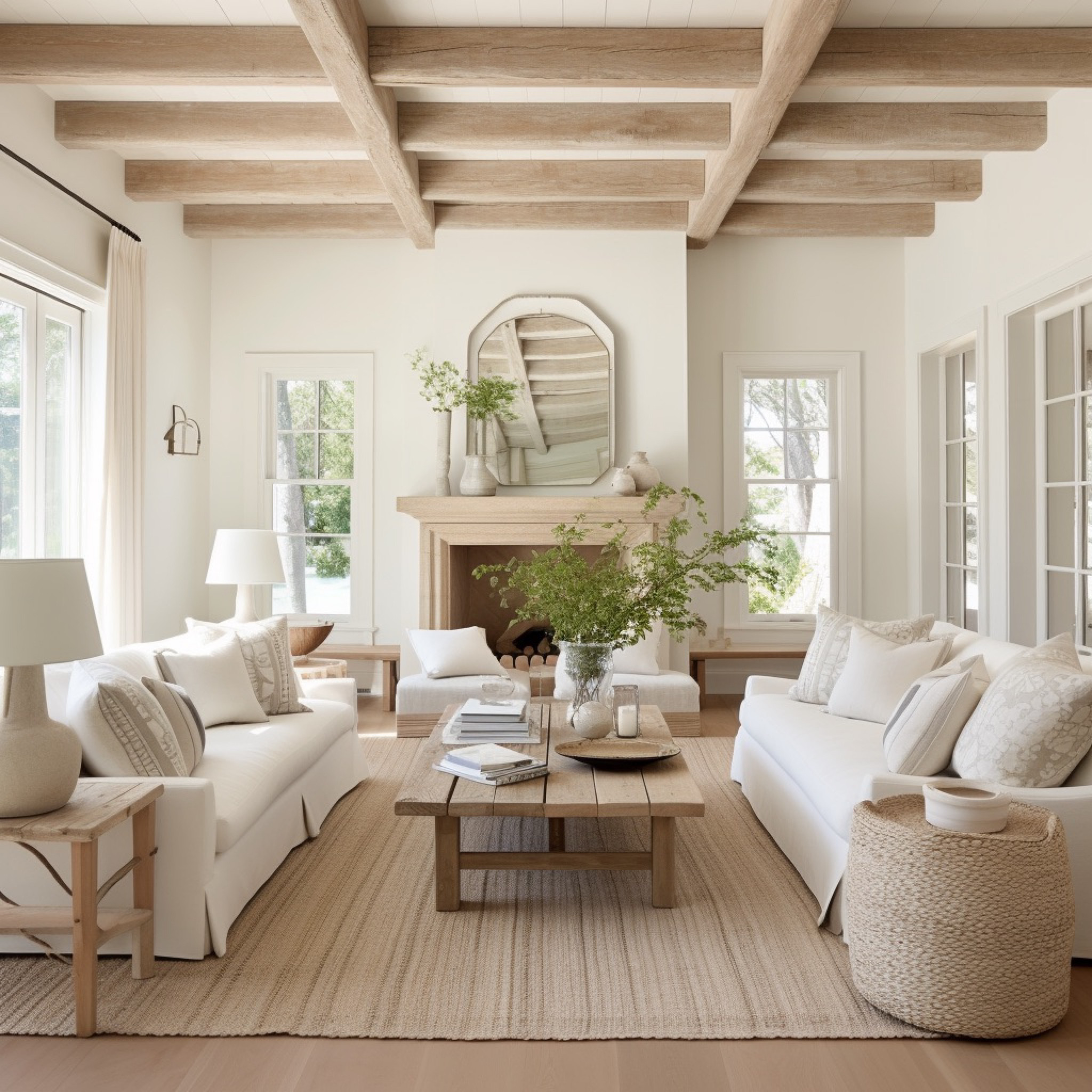 another coastal inspired living room, white oak wood beam ceilings, white sofas, jute flatweave rug, seagrass side table, reclaimed wood coffee table, linen curtains #moderncoastal 

#LTKunder100 #LTKunder50 

#LTKhome