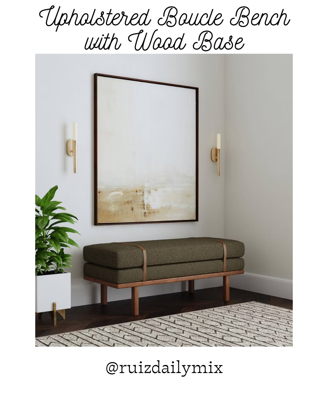 This bench is a striking bench with black metal legs is upholstered in cream boucle with black faux leather strap detail. The bench brings its a modern style to any room in the house. Use it as an entryway bench, an end of bed bench, a dining bench or as a coffee table ottoman. 

 #LTKHome #LTKSaleAlert