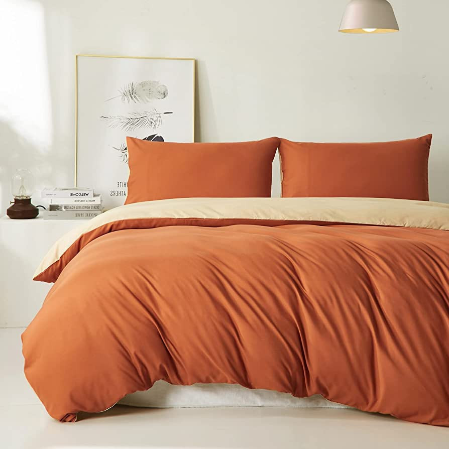 JYhoney Burnt Orange Duvet Cover Set Queen Size Caramel Pumpkin Reversible Beige Bedding Set Mode... | Amazon (US)