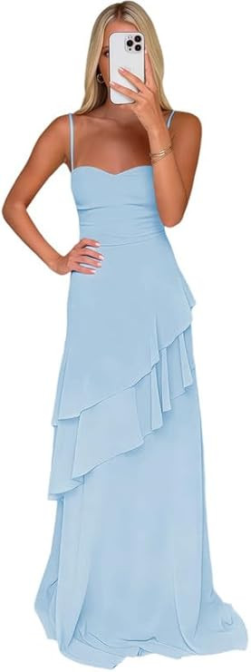Light Blue Prom Dresses for Teens 2026 Ruffle Chiffon Spaghetti Straps Formal Evening Dress Size ... | Amazon (US)
