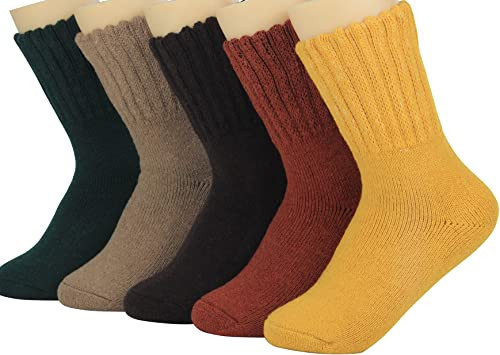 Weweya 5 Pairs Thick Long Socks for Winter Women Knitted Wool Warm Socks For Women Free Size Vintage Knit Thermal Gifts Brown, Red, Green, Yellow, Khaki | Amazon (US)