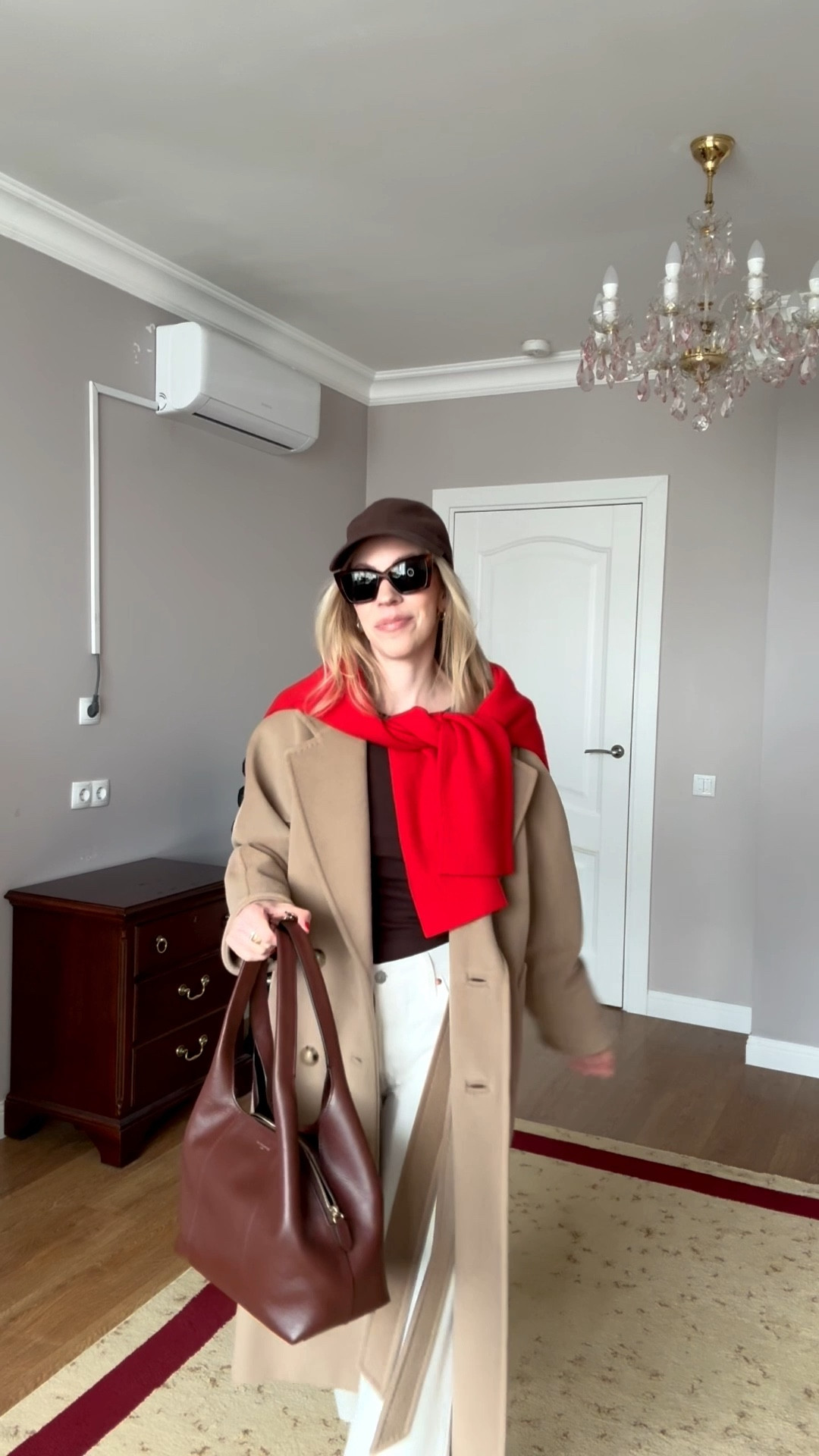 Look of the day, spring casual, camel coat, Levi’s 90’s ankle jeans, chocolate brown and red outfit, dark brown spring handbag 

#LTKootd #LTKOver40 #LTKdayinmylife