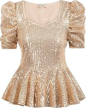 GRACE KARIN Women's Puff Sleeve Ruffle Hem Sparkle Shimmer V-Neck Sequin Blouse | Amazon (US)