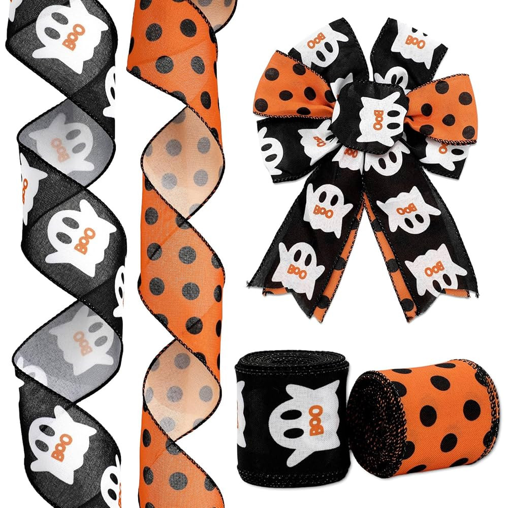 Halloween Wired Edge Ribbon 2.5 Inch 20 Yards Orange Black Ghost Dots Ribbon Spooky Gift Wrap Rib... | Amazon (US)