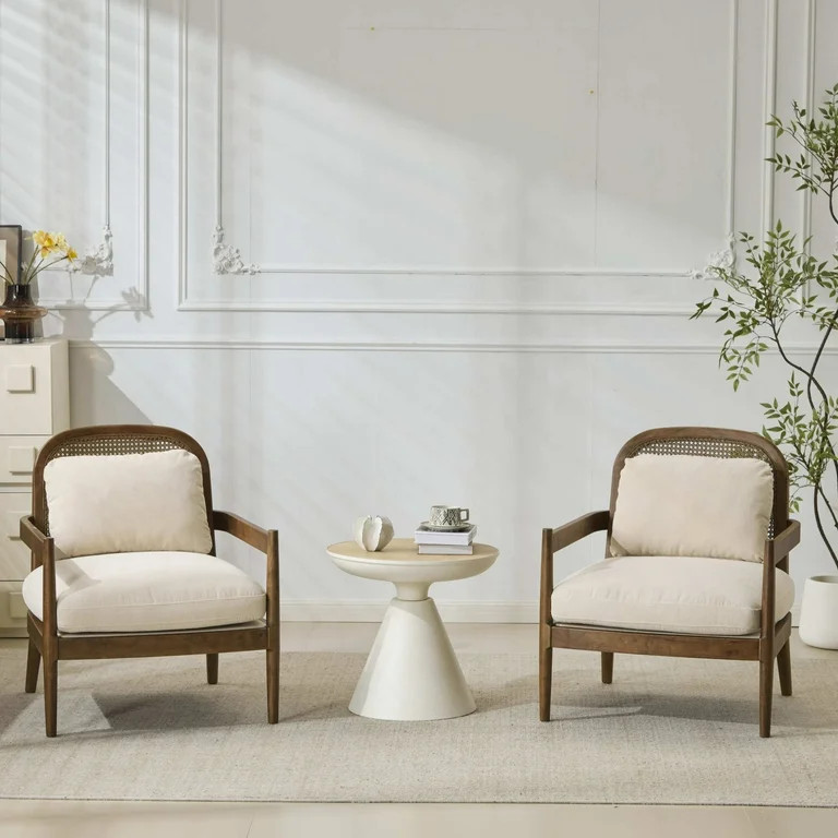 Christopher Knight Home Mid-Century Modern Accent Chairs, Wood Frame with Rattan Backrest, Beige ... | Walmart (US)
