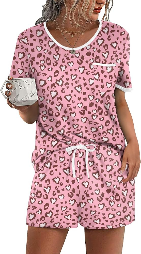 Ekouaer Pajama Set for Women 2 Piece Lounge Set Short Sleeve Tops and Shorts Soft Sleepwear, Ches... | Amazon (US)