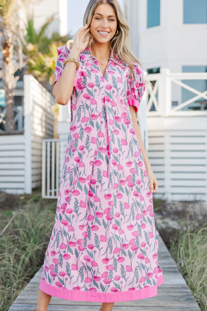 Out Of Town Pink Floral Midi Dress | The Mint Julep Boutique