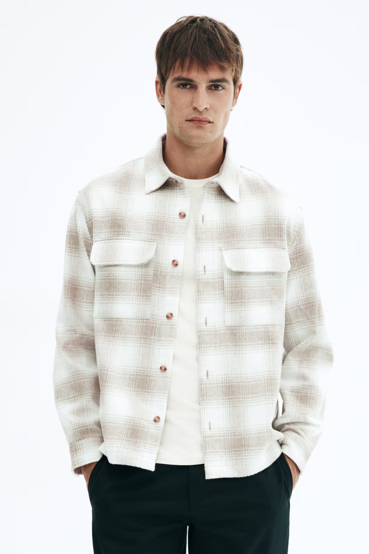 Regular Fit Flannel overshirt - Beige/White checked - Men | H&M GB | H&M (UK, MY, IN, SG, PH, TW, HK)