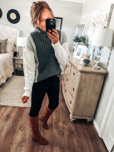 Found this cute sweater at @walmart and I’m loving 🥰 it! #ad It’s sooo soft, loving the mock neck and the colorblock style. This fits relaxed tts, comes in more color options. Wearing a large for reference. Styled it with black Time and Tru jeans and the most popular boots on the blog that are also by Time and Tru. 

.#walmartpartner #walmartfashion #walmartfindd #falloutfit #boots #booties #swester #jeans #casualoutfit #everydayoutfit

#LTKstyletip #LTKshoecrush #LTKunder50