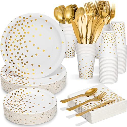 White & Gold Party Supplies, 350PCS Disposable Dinnerware with Paper Dinner/Dessert Plates Napkins Cups Gold Plastic Forks Knives Spoons for Graduation Retirement Birthday Baptism Anniversary Cocktail | Amazon (US)