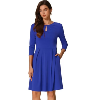 INSPIRE CHIC Women's Crew Neck 3/4 Sleeve Pleated Neck A-Line Above Knee Dress Royal Blue X-Small | Target
