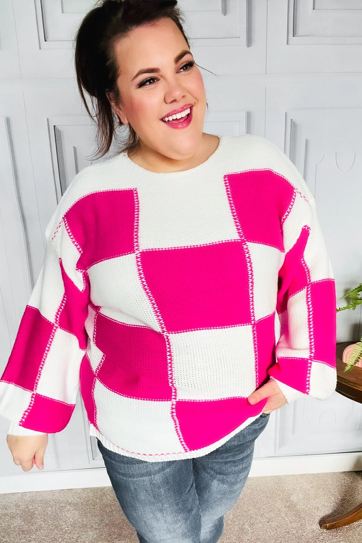 Haptics | Tried & True Fuchsia Checkered Oversized Knit Sweater | Casual Chic Boutique