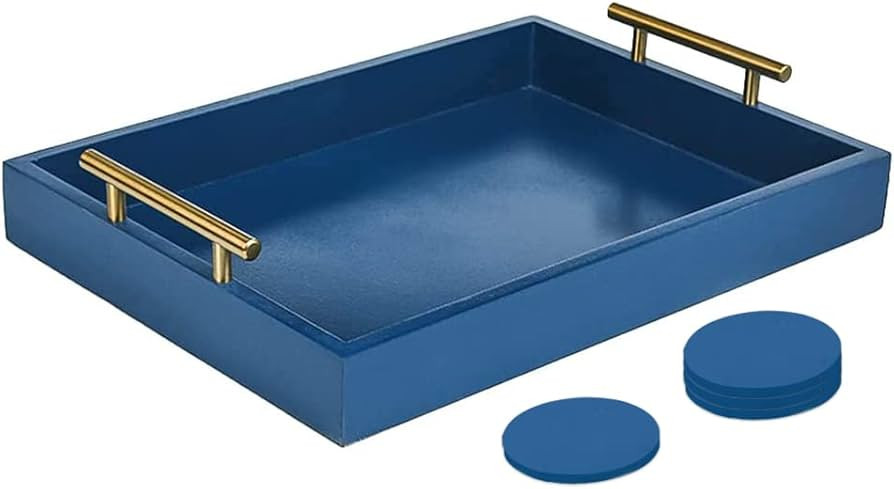 Juleduo Serving Tray 17 X 13“ Deluxe Wooden Ottoman Tray for Coffee Table with Polished Gold Me... | Amazon (US)