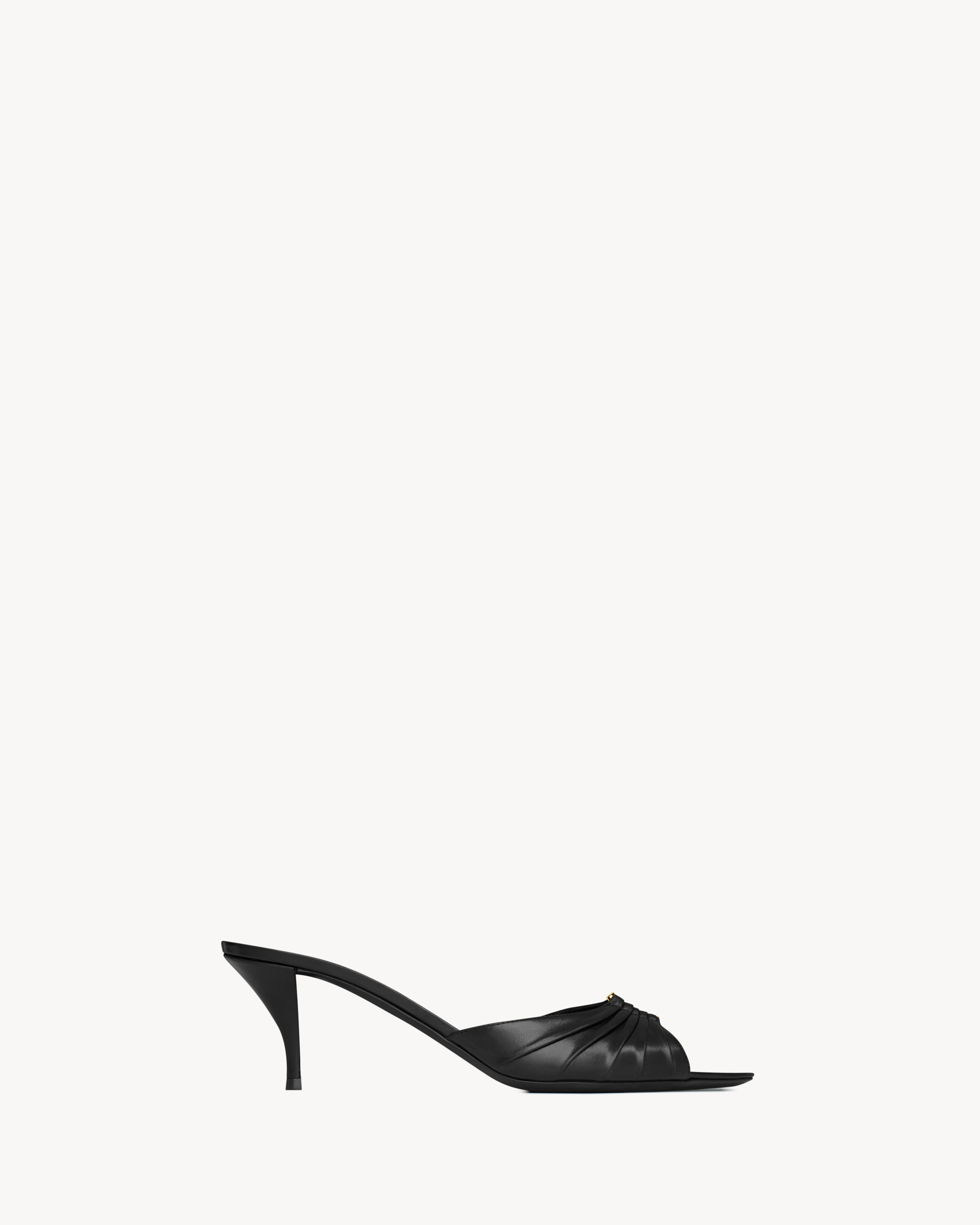 kitten-heel mule sandals with a pointed peep toe and gathered upper decorated with the CASSANDRE. | Saint Laurent Inc. (Global)