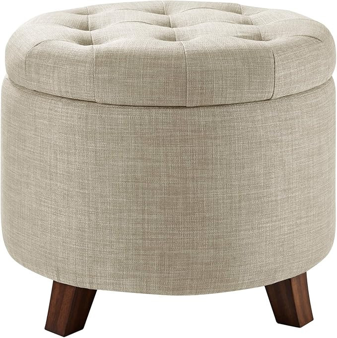 Amazon Basics Round Storage Ottoman Foot Rest, Button Tufted Upholstered Footstool with Storage, ... | Amazon (US)