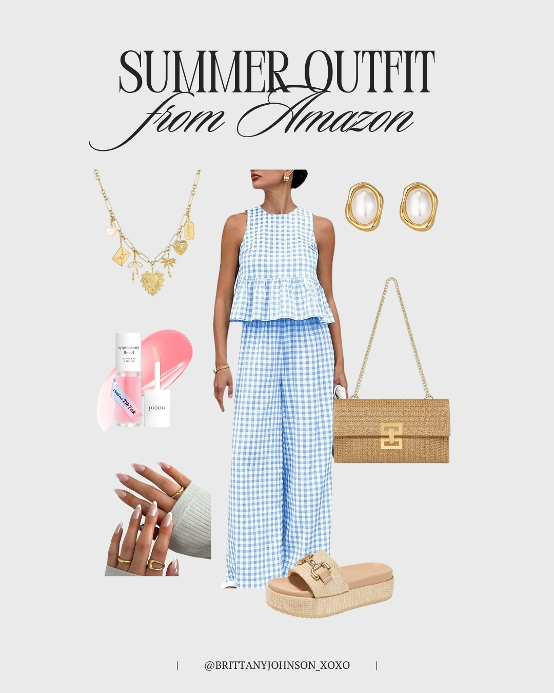 The cutest gingham set for summer 💙 Paired with neutral accessories and gold details for an easy, put-together look!  

 #LTKootd #LTKSeasonal #LTKSaleAlert