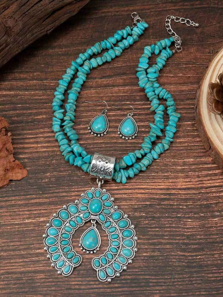 1set Retro Fashionable Bohemian Style Pumpkin Horseshoe Shape Copper Turquoise Necklace & Earrings, Accessory For Clothes, Suitable For Holidays, Popular | SHEIN