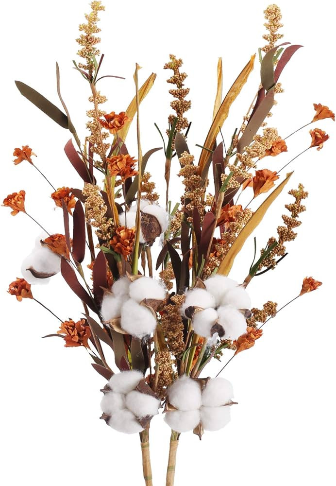 HUAESIN 2 Pcs Artificial Fall Flowers 25 inch Fall Floral Stems with 3 Cotton Flowers Cotton Stem... | Amazon (US)