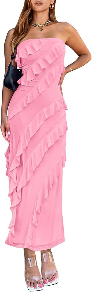 BTFBM Women Summer Elegant Strapless Midi Ruched Bodycon Dress Solid Color Stretch Mesh Slim Part... | Amazon (US)