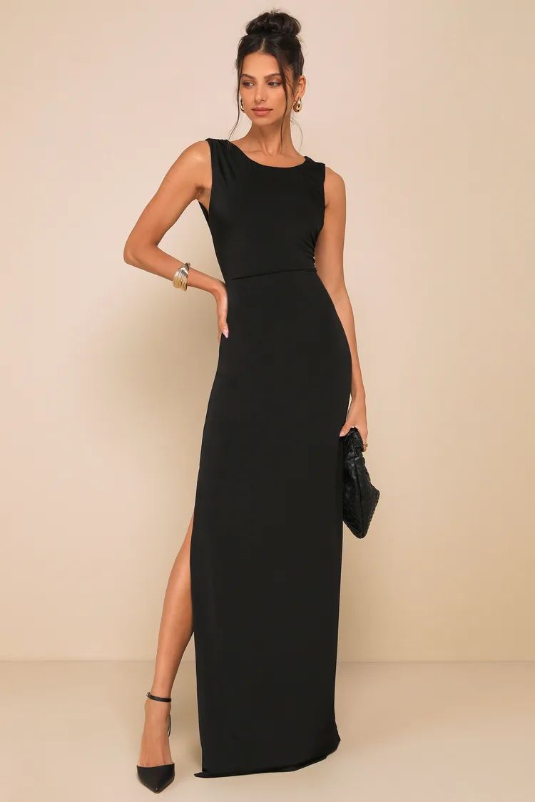 Black Slinky Knit Ruched Maxi Dress | Black Tie Dress | Black Tank Dress | Lulus