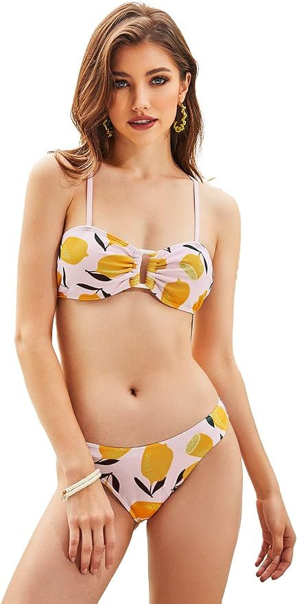 GORGLITTER Women's Two Piece Swimsuit Cheeky Bikini Sets Tie Back Lemon Print Spaghetti Strap Bat... | Amazon (US)