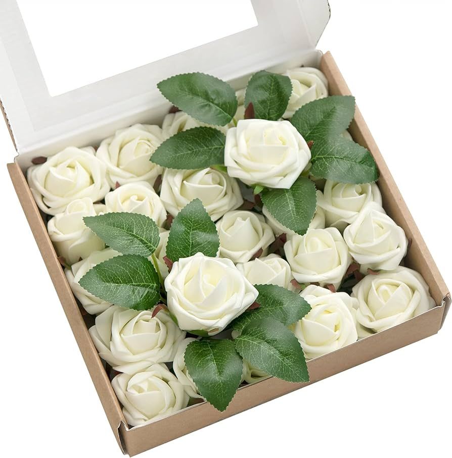 Ling's Moment Artificial Wedding Flowers 1.5" Rose Buds and 2" Petite Roses 25pcs Ivory w/Stem fo... | Amazon (US)