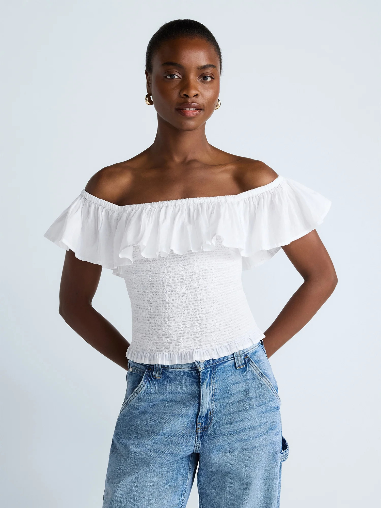 Scoop Women’s and Women’s Plus Off-the-Shoulder Smocked Ruffle Cotton Top, Sizes XS-4X | Walmart (US)