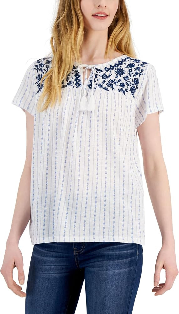 Style & Co. Womens Embroidered Tie Neck Blouse | Amazon (US)