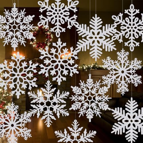 24 Pcs 11.8'' Large Snowflake Decorations – Giant Hanging Snowflakes, Plastic Snowflakes for Indoor & Outdoor Christmas Decor, Porch & Tree Decorations (White) | Amazon (US)