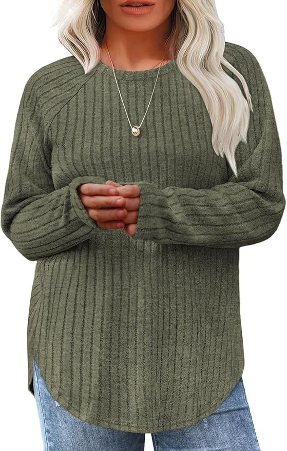 Eytino Plus Size Tops for Women Fall Soft Solid Crewneck Long Sleeve Knitted Pullover Blouses Shi... | Amazon (US)