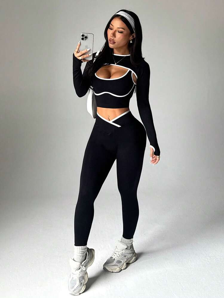 Dewbera Conjunto Deportivo Sin Costuras De 3 Piezas Para Mujer, Top De Cuello Chal De Manga Larga, Top De Color Contrastante, Mallas Ajustadas De Cintura Alta Conjunto De Tres Piezas Para Actividades, Gimnasio Y Entrenamiento | SHEIN