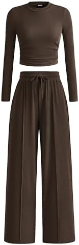 BTFBM Casual 2 Piece Sets For Women Fall Outfits 2025 Ribbed Long Sleeve Crop Top Wide Leg Pants ... | Amazon (US)