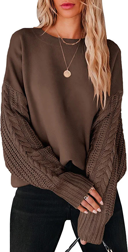 ANRABESS Women's Crewneck Long Sleeve Drop Shoulder Casual Solid Cable Knit Chunky Contrast Pullo... | Amazon (US)
