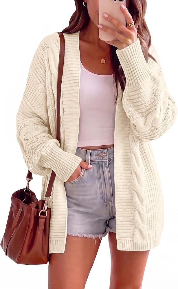 PRETTYGARDEN Womens Batwing Sleeve Open Front Cable Knit Cardigan Sweaters | Amazon (US)