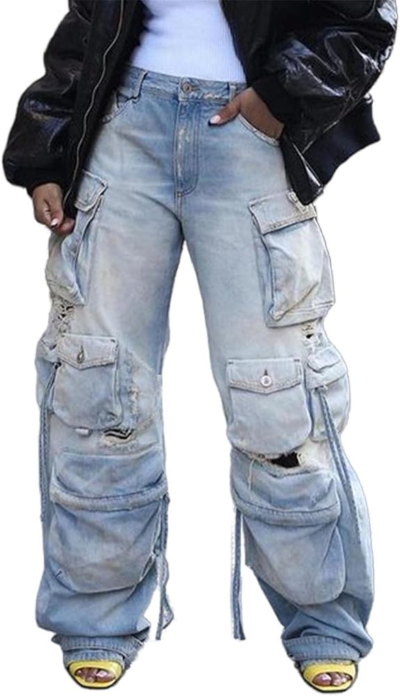 Cargo Jeans for Women Y2K High Waisted Baggy Jeans Straight Wide Leg Cargo Pants Streetwear | Amazon (US)